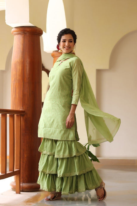 Green Poly Chanderi Straight Sharara Suit Set