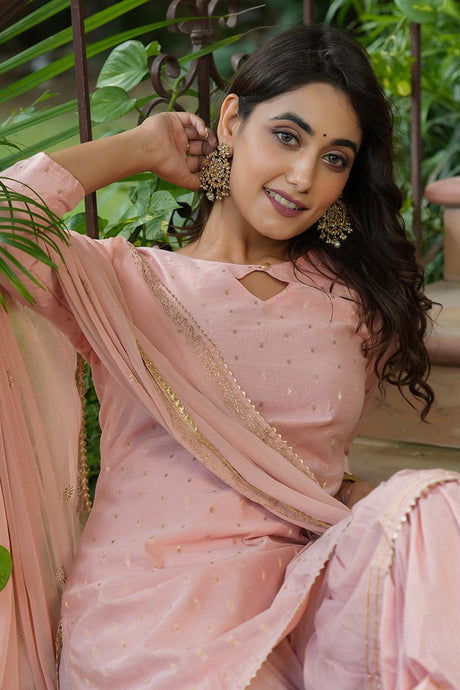 Pink Poly Chanderi Straight Sharara Suit Set