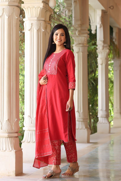 Red Rayon Blend Straight Suit Set