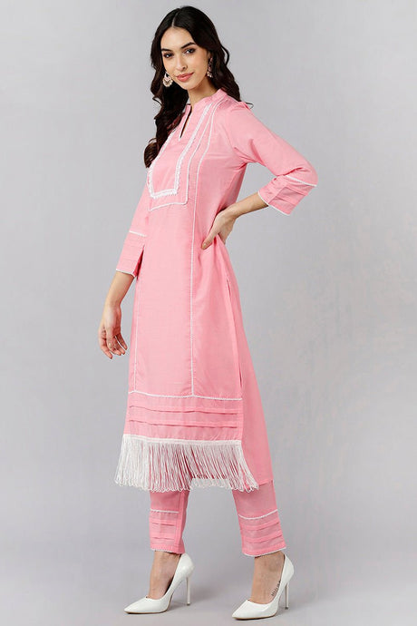 Pink Poly Silk Solid Straight Kurti Set