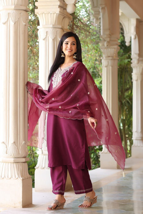 Wine Poly Silk Solid Embroidered Straight Suit Set