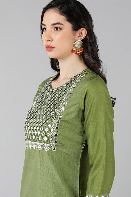 Green Poly Silk Embroidered Straight Kurta Set