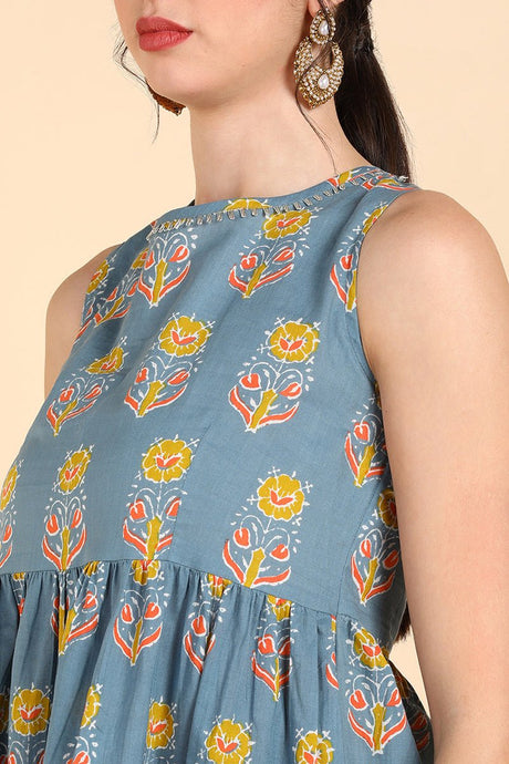 Blue Cotton Floral Print Anarkali Kurti Set