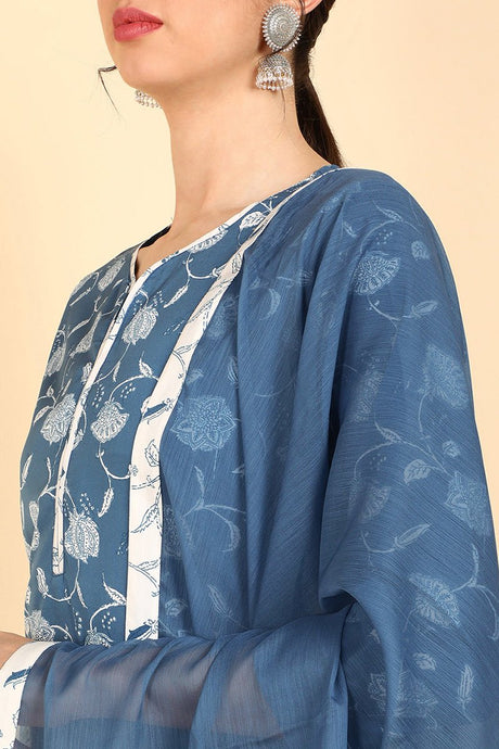 Blue Polyester Floral Print Straight Suit Set