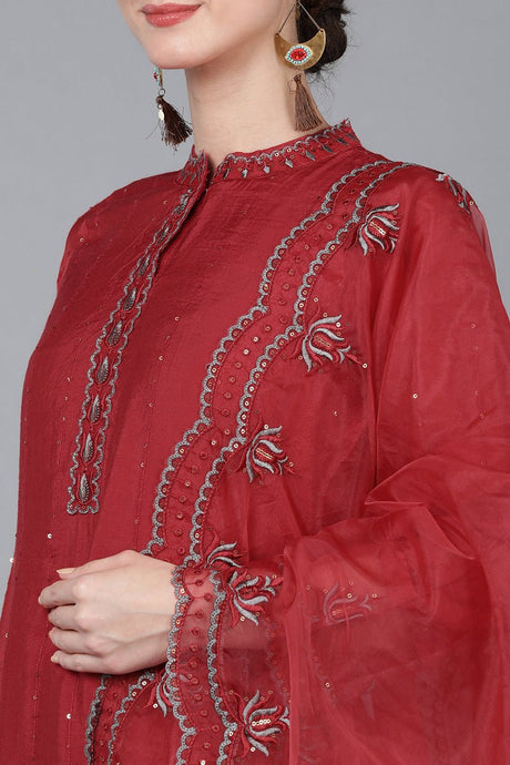 Red Poly Silk Sequin Embroidered Straight Suit Set