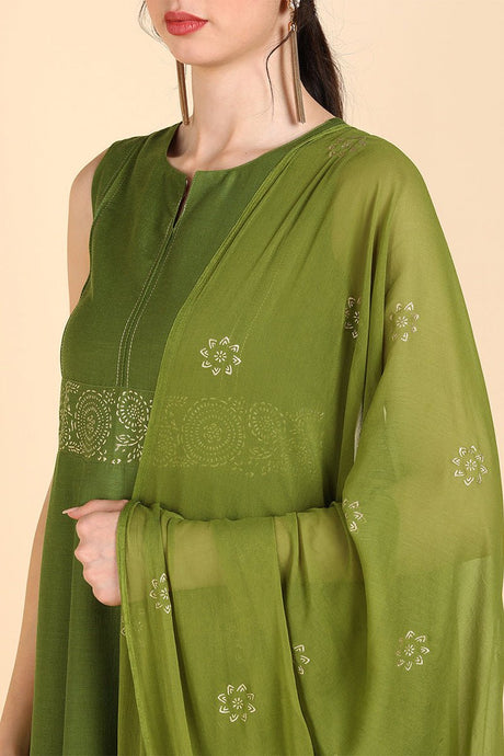 Olive Green Poly Silk Flared Suit Set