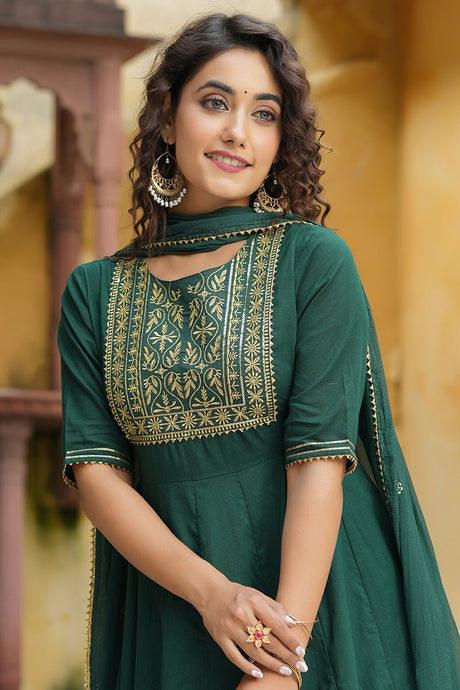 Green Silk Blend Embroidered Anarkali Suit Set