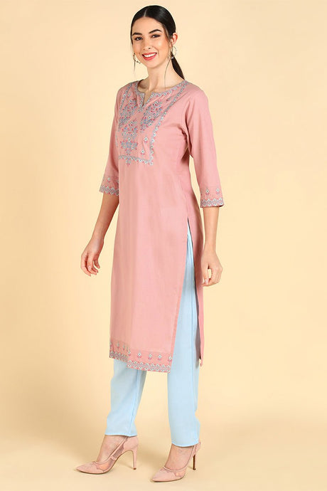 Pink Cotton Straight Kurta Pant With Dupatta Set