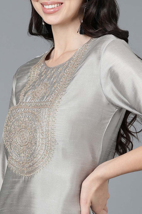 Grey Poly Silk Embroidered Kurta Trousers With Dupatta