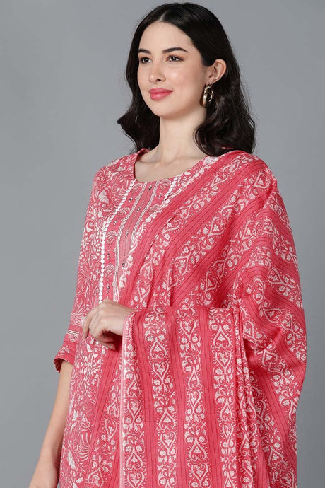 Pink Cotton Printed Kurta Trouser With Dupatta