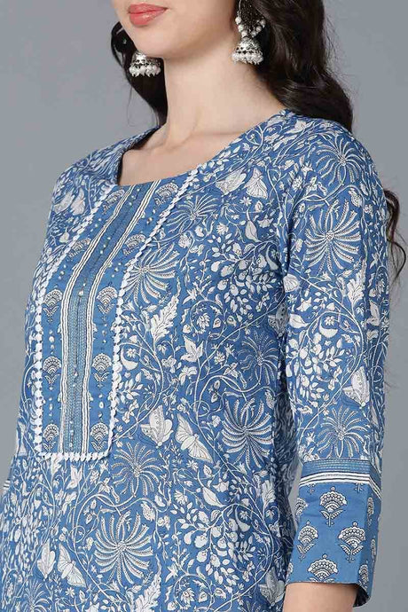 Blue Cotton Printed Kurta Trouser With Dupatta