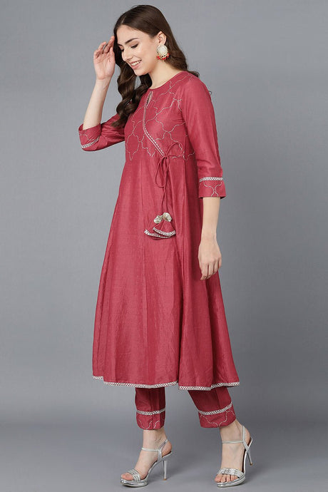 Red Poly Silk Embroidered Kurta Trousers With Dupatta