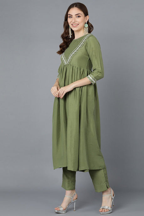 Green Poly Silk Flared Suit Set