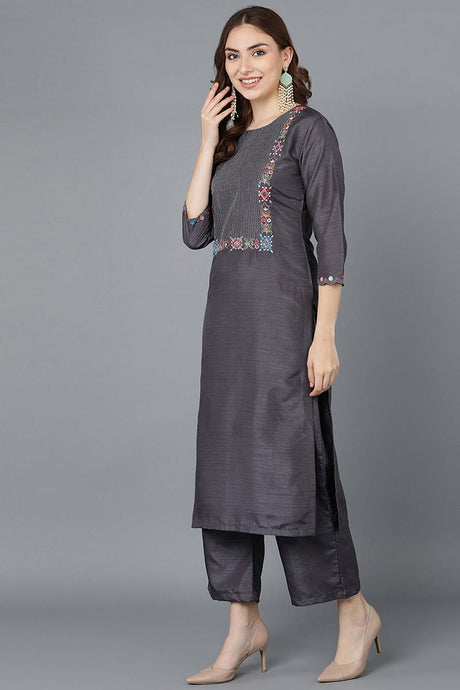 Charcoal Poly Silk Embroidered Kurta Trousers With Dupatta