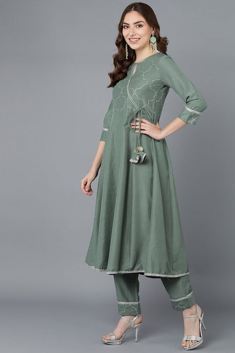 Teal Poly Silk Embroidered Kurti Trousers With Dupatta