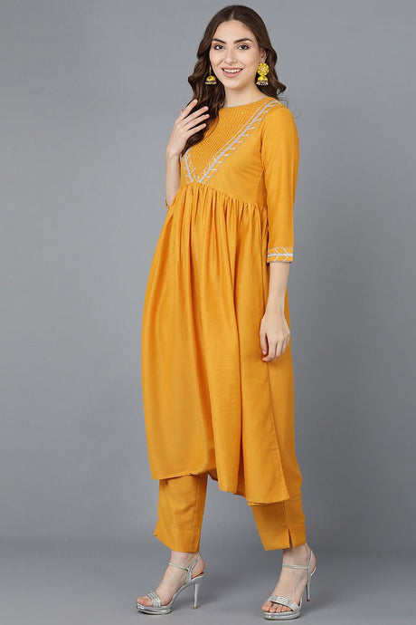 Mustard Poly Silk Flared Suit Set