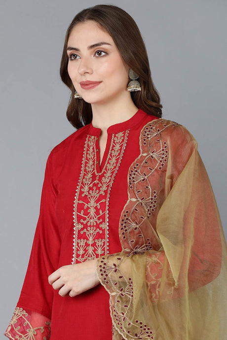 Red Poly Silk Solid Embroidered Straight Suit Set