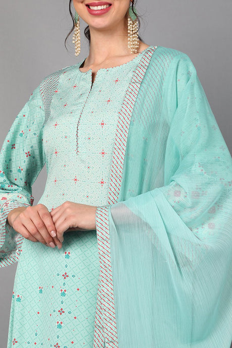 Sea Green Poly Crepe Abstract Print Anarkali Suit Set