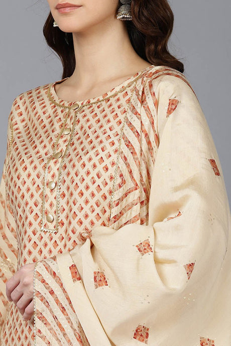 Cream Poly Silk Straight Kurta Pant With Dupatta