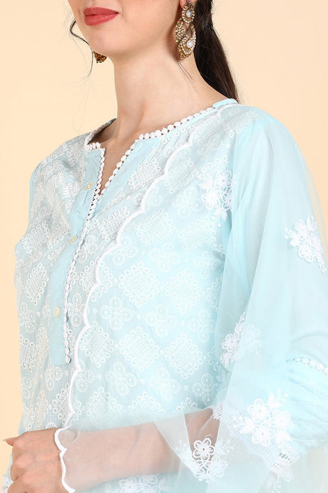Blue Poly Silk Embroidered Sharara Suit Set