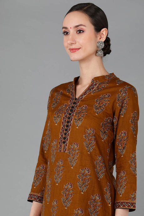 Brown Cotton Straight Kurta Pant With Dupatta