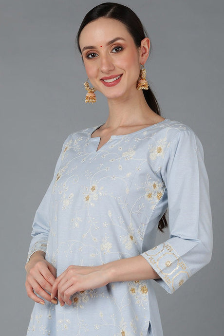 Light Blue Cotton Embroidered Ethnic Straight Kurta Pant With Dupatta