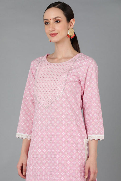 Pink Cotton Yoke Design Abstract Printed Straight Kurta Pant With Dupatta
