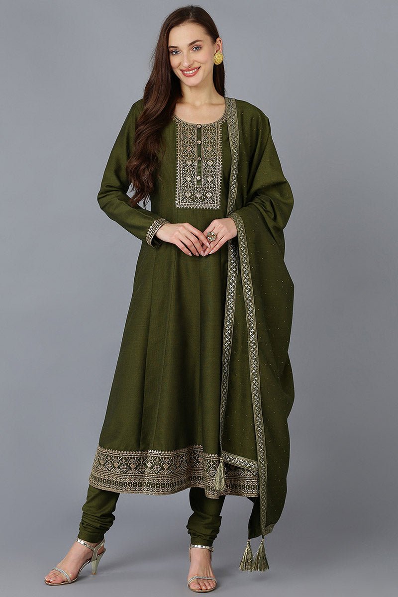 Olive Silk Blend Solid A-Line Kurta Trousers With Dupatta