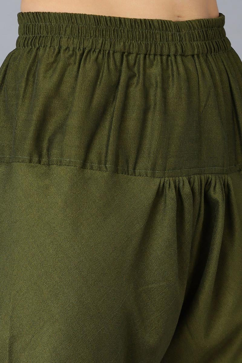 Olive Silk Blend Solid A-Line Kurta Trousers With Dupatta