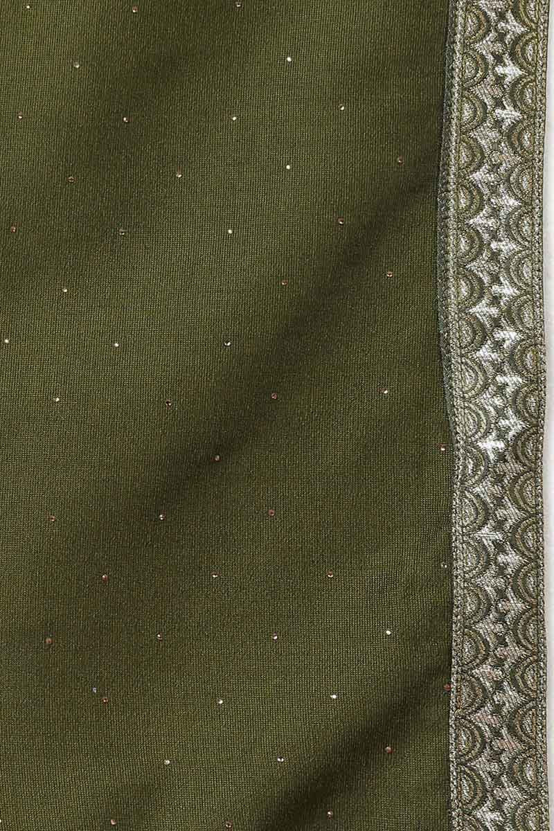 Olive Silk Blend Solid A-Line Kurta Trousers With Dupatta