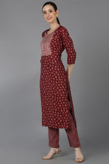 Maroon Silk Blend Embroidered Straight Suit Set