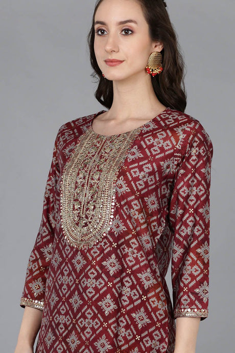 Maroon Silk Blend Abstract Print Embroidered Straight Suit Set