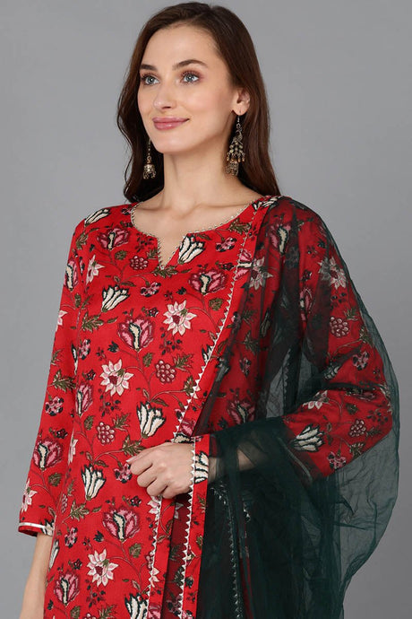 Red Rayon Blend Floral Straight Kurta Pant With Dupatta