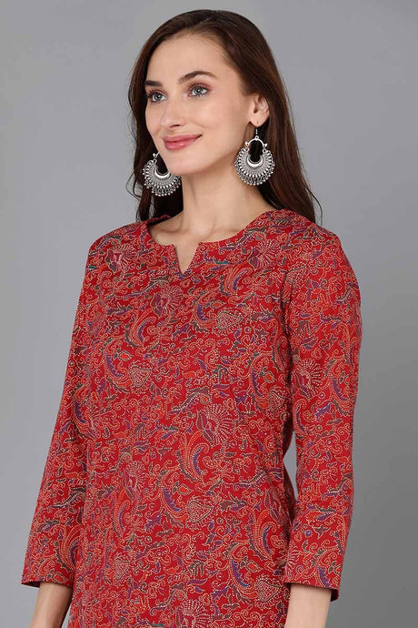 Red Rayon Blend Floral Straight Kurta Pant With Dupatta