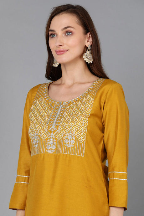 Mustard Silk Blend Straight Kurti Palazzo With Dupatta