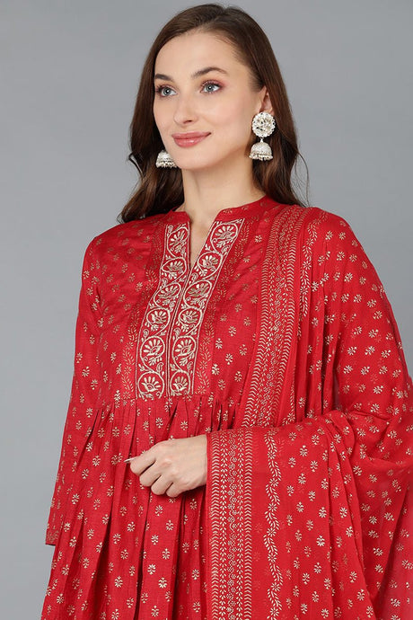Red Silk Blend Anarkali Kurta Pant With Dupatta