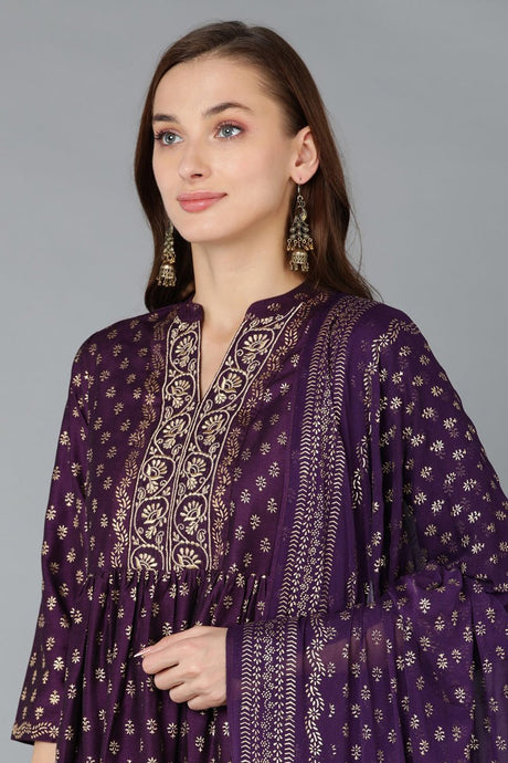 Purple Silk Blend Anarkali Kurta Pant With Dupatta