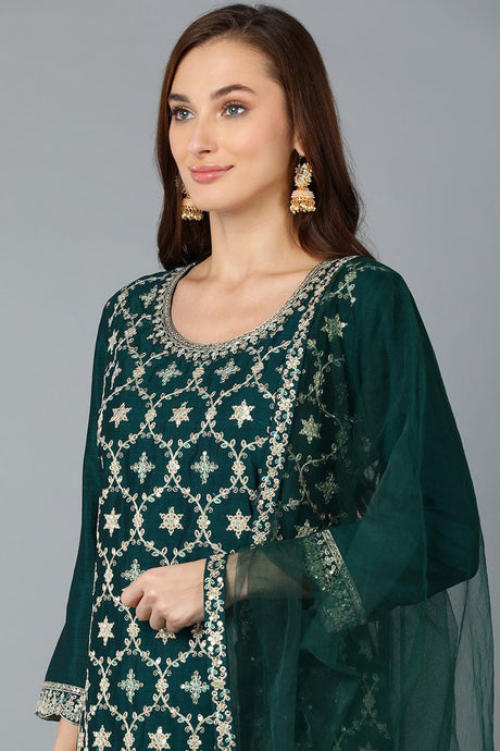 Green Silk Blend Embroidered Kurta Sharara With Dupatta