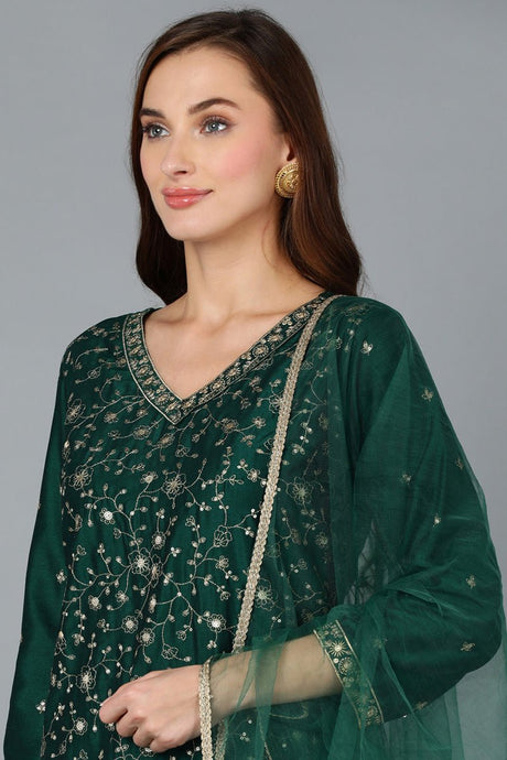 Green Silk Blend Embroidered Kurti Pant With Dupatta