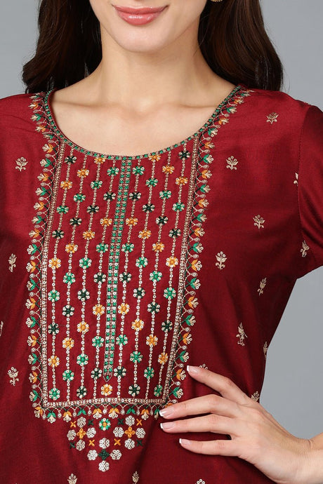 Maroon Silk Blend Embroidered Kurti Pant With Dupatta