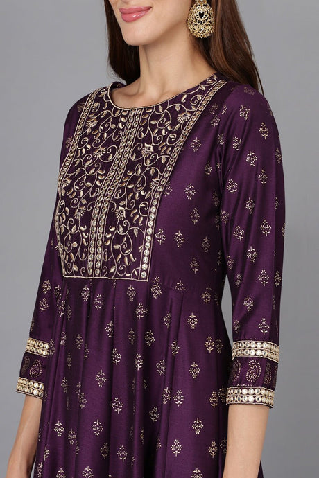 Purple Silk Blend Anarkali Kurti Pant With Dupatta