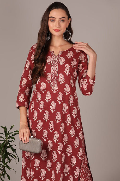 Maroon Cotton Blend Straight Paisley Kurta With Pant