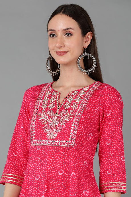 Pink Cotton Anarkali Yoke Design Kurta Pant With Dupatta
