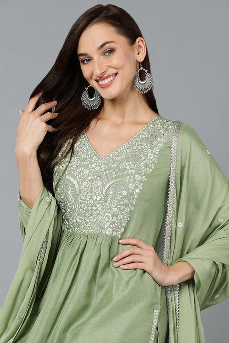 Sea Green Silk Blend Straight Kurti Pant With Dupatta