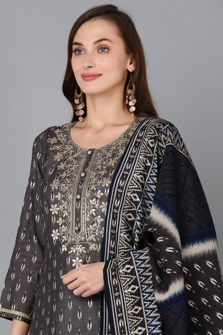 Grey Silk Blend Printed Straight Kurta Pant With Dupatta