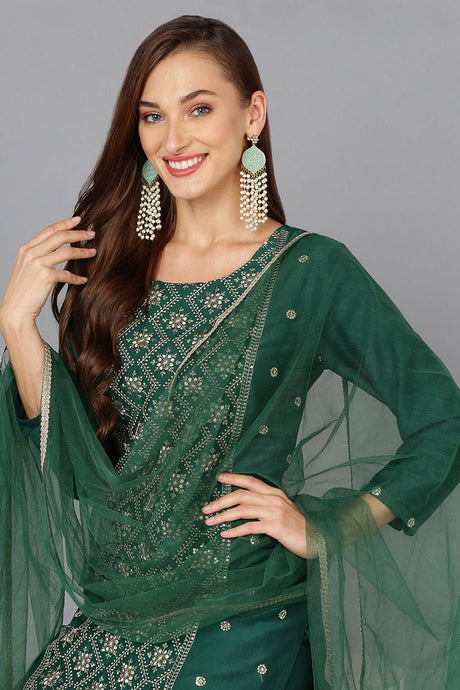 Dark Green Silk Blend Embroidered Party Wear Suit Set