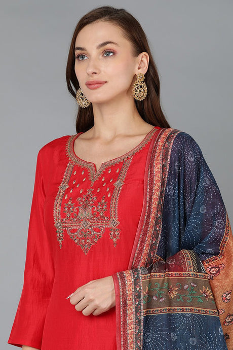 Red Silk Blend Embroidered Straight Kurta Pant With Dupatta