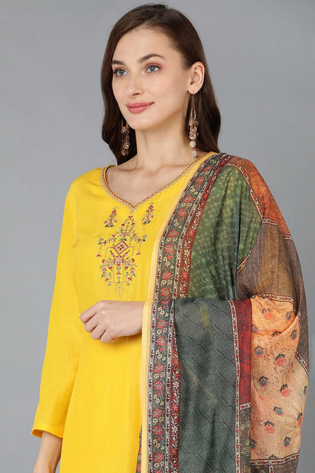 Yellow Silk Blend Embroidered Straight Kurta Pant With Dupatta
