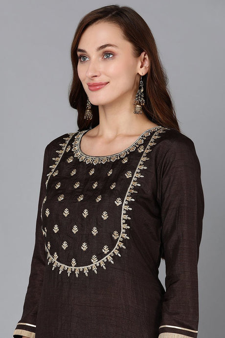 Black Silk Blend Embroidered Straight Kurta Pant With Dupatta