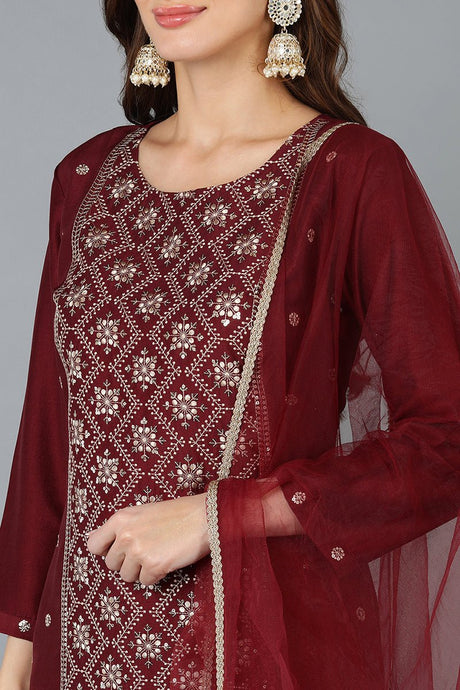 Maroon Silk Blend Embroidered Straight Kurta Pant With Dupatta